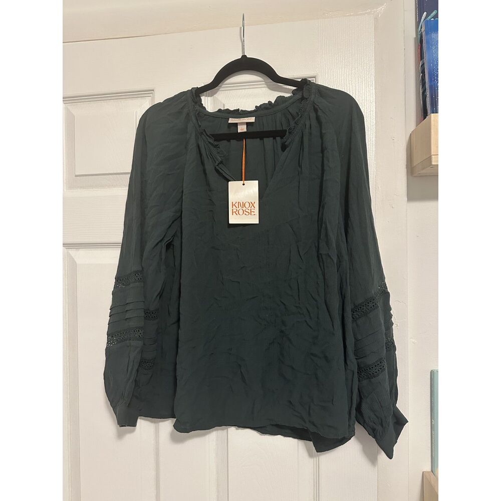 NWT Knox Rose Women’s Green Boho Peasant Blouse Lace Sleeve